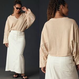 ANTHROPOLOGIE Pilcro Batwing Beige Eyelet Cotton Sweatshirt Pullover Top